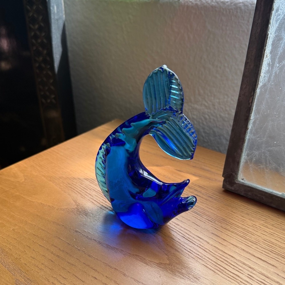 Vintage Cobalt Blue Dolphin Glass Figurine by Pilgrim Art, Handblown Sculpture